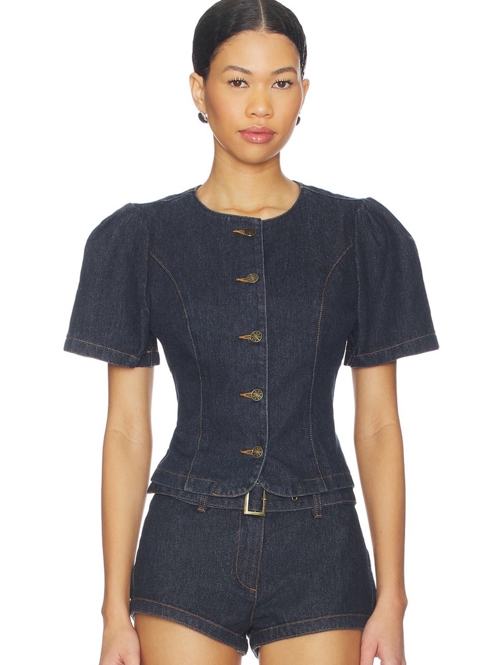 Lioness Femme Dark Denim Puff-Sleeve Button Front Top